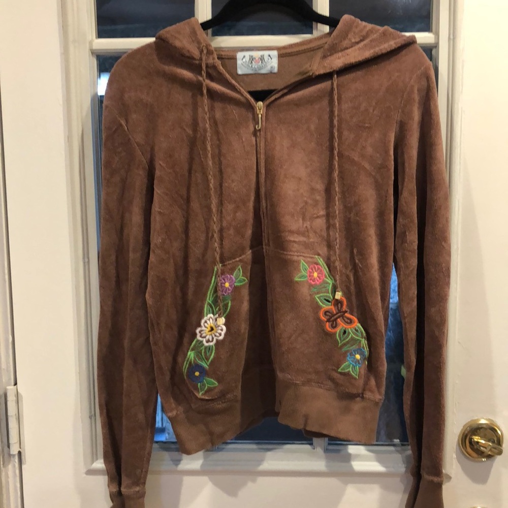 Juicy Terry Brown Flower Butterfly Embroidered Zip Hoodie - XL Y2K Vintage